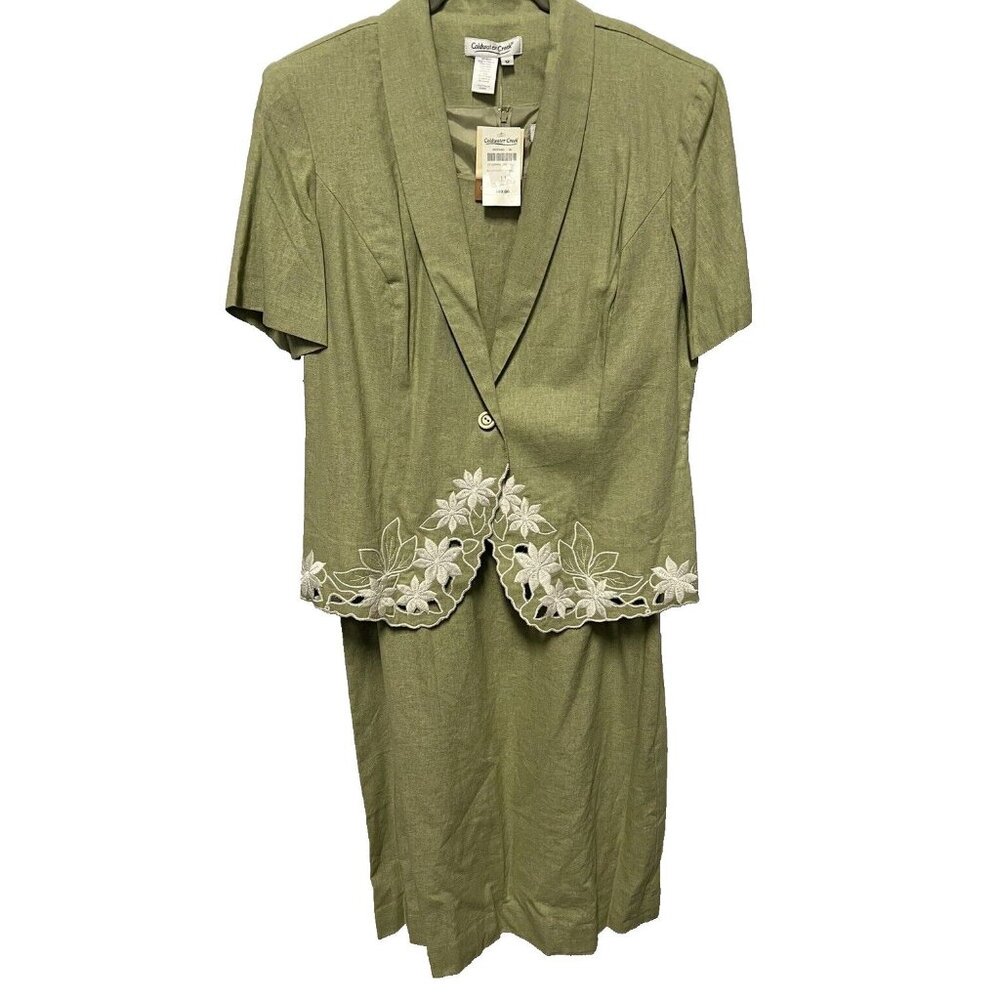 Coldwater Creek Dress Jacket Set 12 Green Linen Blend Lace Short Sleeve Knee VTG